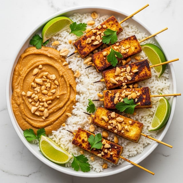 A round white bowl filled with smooth light brown peanut sauce topped with chopped peanuts on one side, surrounded by crispy golden-brown tofu skewers resting on a bed of fluffy white rice. The tofu pieces are rectangular with a slightly charred texture, sprinkled with more chopped peanuts, and garnished with fresh green parsley leaves. Bright green lime wedges are placed at the edges of the rice for a pop of color, all set on a white marbled surface. photo taken with an iphone --ar 4:5 --v 7