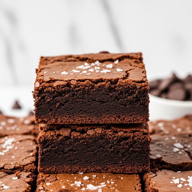 The image shows two thick, square pieces of dark chocolate brownies stacked on top of each other, revealing a dense, moist, and fudgy texture inside. The brownies have a cracked, slightly crispy brown top layer with a few flakes of white salt sprinkled on it, adding contrast and texture. These pieces rest over a batch of more brownies with the same rich interior and cracked tops. The background features a white marbled texture with a small bowl of dark chocolate chips partially visible to the side. photo taken with an iphone --ar 4:5 --v 7