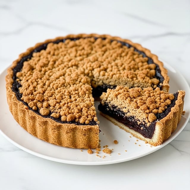 A slice of crumb-topped pie sits on a white plate with crumbs scattered around it, showing three layers: a light golden crust at the bottom, a thick dark filling in the middle, and a coarse, crumbly light brown topping. In the background, the rest of the pie is in a white pie dish with a similar texture and color, placed on a rustic wooden table with a white marbled surface effect. There is a folded napkin, a knife, and a wooden rolling pin slightly out of focus behind the pie. Photo taken with an iphone --ar 4:5 --v 7