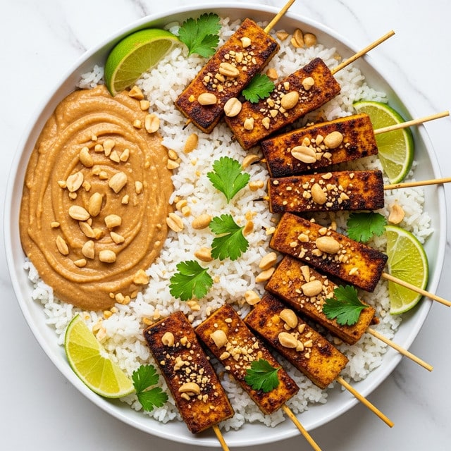 The image shows four skewers of golden-brown tofu pieces placed on a bed of fluffy white rice. The tofu pieces have a slightly crispy texture and are sprinkled with chopped peanuts. On the side of the rice is a small round white bowl filled with creamy, chunky orange peanut sauce with crushed peanuts on top. There are also two lime wedges and a few green parsley leaves scattered around as garnish. The whole dish is set against a white marbled surface. photo taken with an iphone --ar 4:5 --v 7
