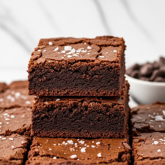 The image shows two thick, square brownies stacked one on top of the other, revealing a rich, dark, dense, and moist chocolate interior with a slightly crumbly texture. The brownies have a thin, cracked, and shiny crust layer on top in a lighter brown color. They are held above a white marbled textured surface where more brownies with the same cracked crust are visible, with some sprinkled coarse white salt flakes on top. To the side, there is a silver knife and a bowl with round dark chocolate pieces. The overall tone is warm and inviting, highlighting the fudgy texture of the brownies. Photo taken with an iphone --ar 4:5 --v 7
