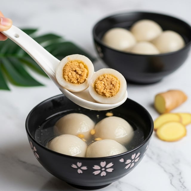 A white ceramic spoon holds two halves of round, smooth white dumplings filled with a crumbly light brown center, lifted above a dark bowl decorated with light flower patterns. Inside the bowl are several whole white dumplings floating in a clear, warm broth. A second dark bowl with more dumplings is in the background, and the setting is on a white marbled textured surface with a green leaf and sliced ginger visible nearby. Photo taken with an iphone --ar 4:5 --v 7