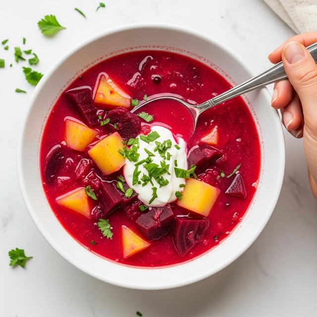 A white bowl filled with bright red beet soup that has large chunks of deep red beets and orange-yellow potatoes scattered throughout the broth. On top, there is a dollop of white sour cream with a small green dill sprig placed delicately on it. Small bits of green herbs are sprinkled across the soup's surface. The bowl is sitting on a white marbled textured surface with another similar bowl in the soft-focused background. photo taken with an iphone --ar 4:5 --v 7