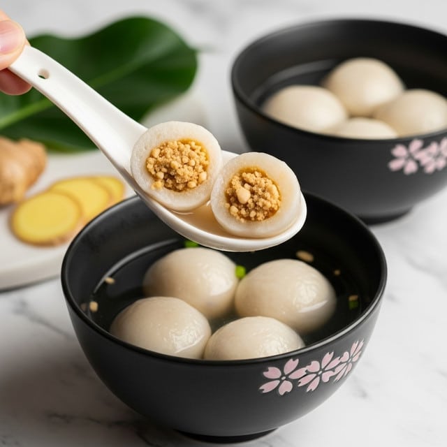 A black bowl with flower designs on the outside holds several smooth, round, white dumplings floating in a clear light brown broth. A white spoon lifts two dumplings, each cut in half to show a crumbly, light brown filling inside the soft white outer layer. The bowl sits on a woven mat with slices of yellow ginger nearby and a green leaf partially visible in the background, all on a white marbled texture. A woman's hand holds the white spoon. Photo taken with an iphone --ar 4:5 --v 7