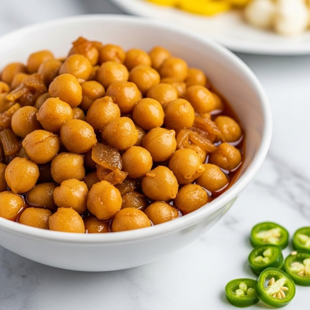 A close-up view of a white bowl filled with a thick chickpea curry that has a rich golden-orange sauce. The chickpeas are whole, plump, and coated with the glossy sauce, mixed with small pieces of cooked onions visible throughout. The bowl is placed on a white marbled surface with a small pile of sliced green chilies scattered nearby. In the background, there is a blurred white plate with yellow and white food on it. photo taken with an iphone --ar 4:5 --v 7