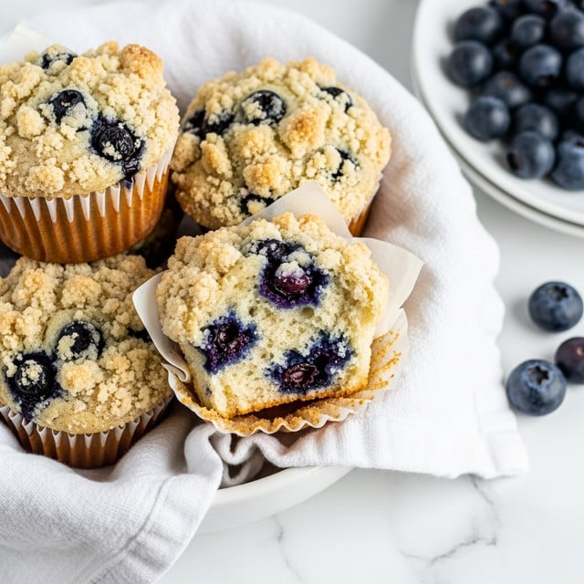The image shows a close-up of a white bowl holding three blueberry muffins with crumbly tops, placed on a white cloth inside the bowl. The muffins are golden brown with light crumb crumbs on top and dark purple blueberries dotting the inside and outside surfaces. One muffin is partly eaten, revealing a soft, moist pale yellow inside with scattered blueberries. Around the bowl, fresh blueberries sit on a white marbled surface, with some crumbs scattered nearby. Photo taken with an iphone --ar 4:5 --v 7