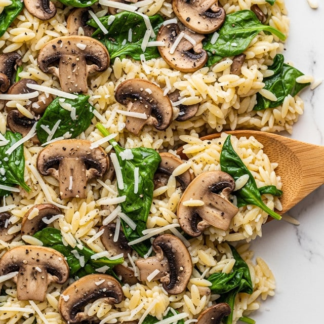 A close-up view of creamy orzo pasta mixed with sautéed sliced mushrooms and small pieces of green spinach, all combined in a light and glossy sauce. The orzo is pale yellow with a soft texture, layered evenly with the brown mushrooms and scattered green spinach leaves, topped with fine shreds of white cheese and small specks of black pepper. A wooden spoon is partially visible, scooping a portion from the mixture on a white marbled surface. photo taken with an iphone --ar 4:5 --v 7