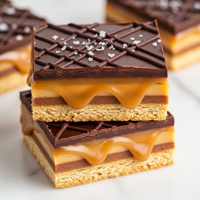 The image shows two stacked dessert bars on a white marbled surface, each bar made of three layers: a light brown crispy graham cracker base, a thick middle layer of glossy, golden caramel that slightly drips down the sides, and a rich, smooth dark chocolate top with a shiny finish. The top chocolate layer has thin, darker chocolate drizzle lines crisscrossing over it and is sprinkled with small white flakes that look like sea salt. The bars have clean edges and are stacked unevenly, giving a close look at the layers. Photo taken with an iphone --ar 4:5 --v 7