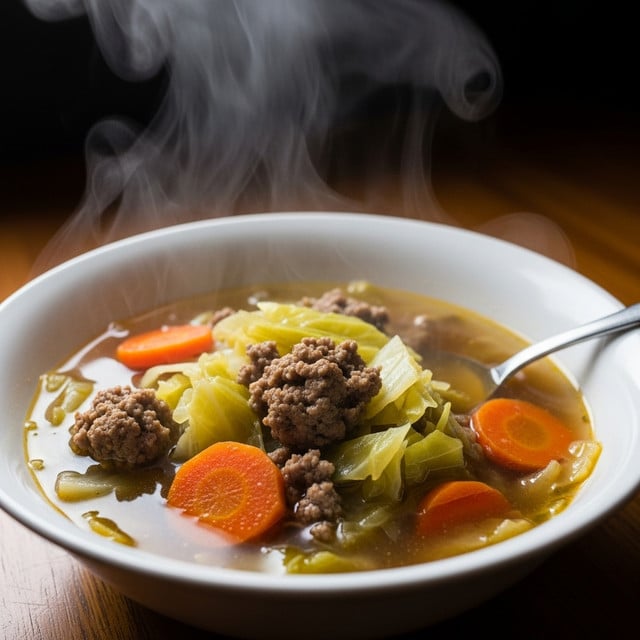 A steaming bowl of soup sits on a white marbled surface, filled with a rich brown broth as the base layer. Within the soup, there are chunky bright orange carrot pieces scattered throughout. Nestled among the carrots are dark brown, round meatballs with a coarse texture. On top, there are soft light yellow cabbage strips resting gently over the meatballs and carrots, creating a layered look. The bowl is white, round, and filled nearly to the top, with visible steam rising, suggesting warmth and freshness. A metal spoon partially dips into the soup from the left side. Photo taken with an iphone --ar 4:5 --v 7
