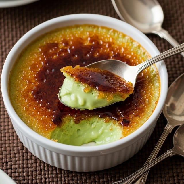 A white bowl holds a creamy green custard base topped with a thin, golden caramelized sugar layer that is cracked and broken into shiny pieces, revealing the smooth custard beneath. A silver spoon dipped into the dessert shows the soft texture of the custard inside. The bowl sits on a woven tan mat with vintage silver spoons placed nearby. The top layer's shiny burnt sugar contrasts with the soft, pale green custard, creating a rich and inviting look. Photo taken with an iphone --ar 4:5 --v 7