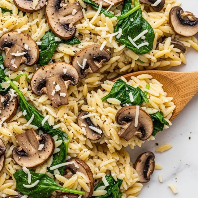 A close-up view of a creamy orzo pasta mixed with sautéed sliced mushrooms and chopped green herbs evenly spread throughout. The orzo is light yellow and coated in a smooth, glossy sauce. Thin shreds of white cheese are scattered on top, adding texture. A wooden spoon is partially lifting a portion of the dish from a white marbled surface visible underneath. The colors include soft browns from the mushrooms, vibrant greens from herbs, and the pale yellow of the pasta. Photo taken with an iphone --ar 4:5 --v 7