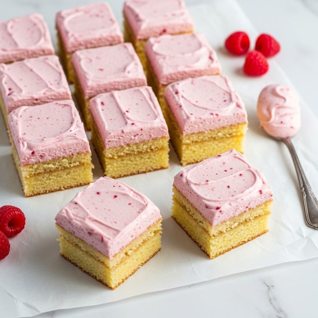 Nine square pieces of yellow cake with a soft texture are placed on a sheet of white parchment paper over a white marbled surface, each topped with one thick, evenly spread layer of smooth, creamy pink frosting. The frosting has small red specks, giving it a slightly textured look. Two pieces of cake show the inside, revealing the moist and light crumb, while the rest display the frosted top clearly. Near the cakes, two fresh whole raspberries are placed, adding a touch of deep red color, and a silver spoon with some pink frosting on its tip lies on the right side, complementing the scene. photo taken with an iphone --ar 4:5 --v 7