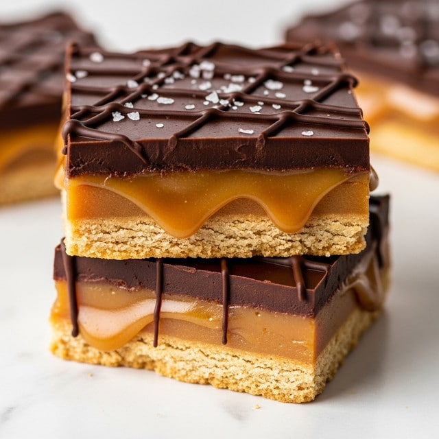 The image shows a close-up of two stacked treats with three layers each: a light golden-brown crispy base, a thick middle caramel layer dripping slightly on the edges, and a rich dark chocolate top layer with a smooth, glossy texture. The top is decorated with thin wavy chocolate lines and a sprinkle of small white flakes. The treats are placed on a white marbled surface, creating a clean and bright background. Photo taken with an iphone --ar 4:5 --v 7