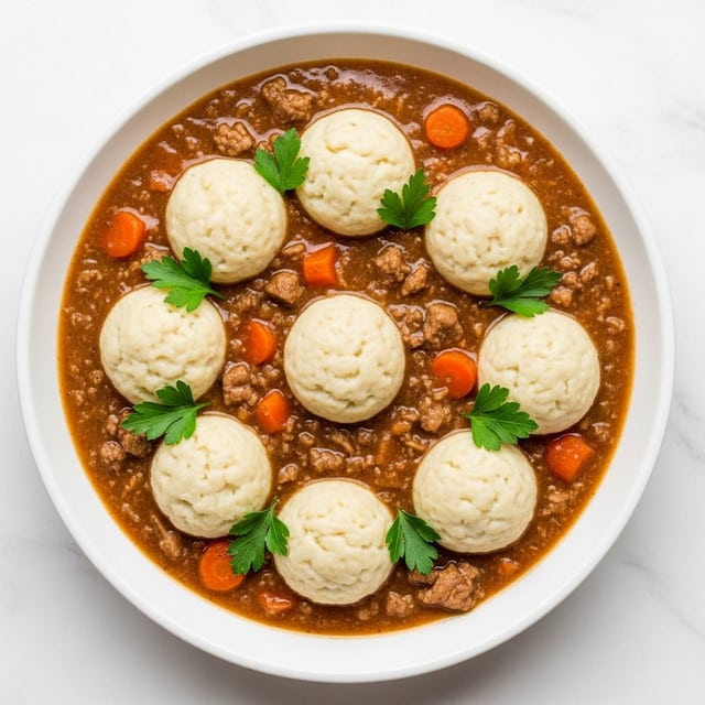 The dish shows a white bowl filled with a thick brown stew that has small pieces of meat and orange carrot chunks throughout. On top of the stew, there are seven round, smooth, off-white dumplings evenly spaced, with a soft and slightly shiny texture. Small green parsley leaves sit around and between the dumplings, adding touches of color. The bowl is placed on a white marbled surface. The photo taken with an iphone --ar 4:5 --v 7
