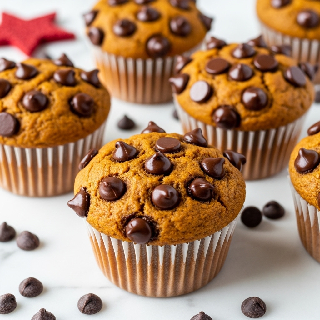The image shows several golden brown muffins topped and studded with dark chocolate chips. Each muffin has one thick layer, with a slightly cracked dome-shaped top covered evenly with shiny chocolate chips. The muffins sit on a white marbled surface, with some loose chocolate chips scattered around. The muffin liners are light beige with vertical ridges, hugging the base of each muffin closely. The overall look is warm, fresh, and inviting, highlighting the contrast between soft muffin texture and smooth chocolate. photo taken with an iphone --ar 4:5 --v 7