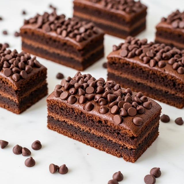 The image shows several small rectangular chocolate cakes placed on a surface with a white marbled texture. Each cake is dark brown with a slightly rough texture and has melted chocolate pieces scattered on top, giving a glossy look. The cakes have slightly crisp edges and a soft, moist center visible on the side of one cut cake. Around the cakes, there are small dark chocolate discs scattered randomly. The lighting highlights the shiny, melted chocolate and the rich, dark color of the cakes. photo taken with an iphone --ar 4:5 --v 7