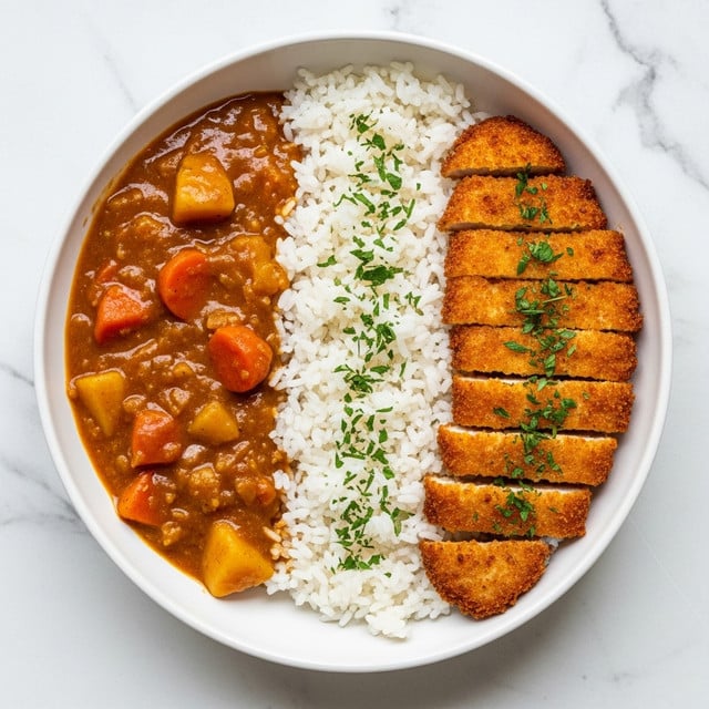 A white bowl with three sections of food on a white marbled surface: the left section has chunky orange-brown curry with visible pieces of carrots and potatoes covered in sauce, the middle section is filled with white fluffy rice sprinkled with green herbs, and on the right, golden brown breaded chicken cut into strips arranged neatly on top of the rice, garnished lightly with chopped green herbs. photo taken with an iphone --ar 4:5 --v 7