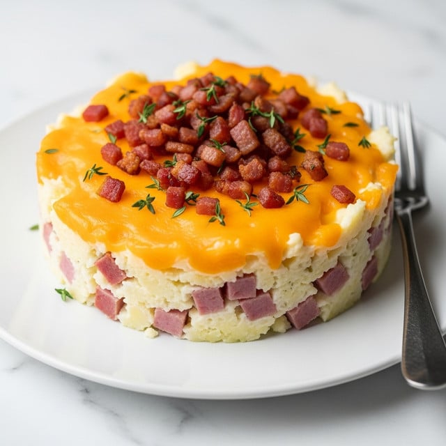 A white plate holds a round layered dish starting with a base of creamy mashed potatoes mixed with small cubes of pink ham. On top, there is a layer of melted bright orange cheddar cheese covering the mashed potatoes. Scattered on the very top are small browned pieces of crispy bacon. Some green herbs like thyme add a small touch of color sprinkled over the dish. The plate is set on a white marbled surface with a silver fork next to it. Photo taken with an iphone --ar 4:5 --v 7