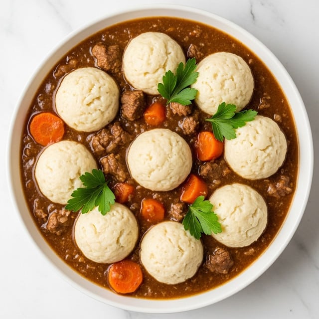 The image shows a white speckled bowl filled with a thick, orange-brown stew. Inside the stew are five smooth, round, pale dumplings floating evenly around the bowl. There are also several pieces of tender, light brown meat scattered among the dumplings. Small green herb leaves are sprinkled over the top, adding a fresh contrast to the warm colors. Near the edge of the bowl, a silver spoon holds up one dumpling, showing its soft texture. The bowl is set on a white marbled surface with tiny green herb bits scattered around. photo taken with an iphone --ar 4:5 --v 7