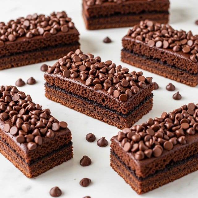 The image shows several rectangular chocolate cakes arranged on a white marbled surface. Each cake has two layers, with a moist, dark brown base and a slightly crisper top sprinkled with melted chocolate chips. The texture appears dense yet soft, with the glossy chocolate chips adding a shiny contrast on top. Around the cakes, there are scattered round dark chocolate pieces enhancing the rich chocolate theme. Photo taken with an iphone --ar 4:5 --v 7