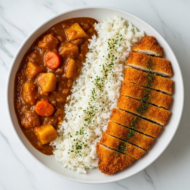 A round white bowl holds a colorful dish with three main layers: on one side, thick orange curry filled with round slices of bright orange carrots and chunks of yellow potatoes with a thick, glossy sauce; next to it, fluffy white rice forming a solid base layer covering half the bowl; on top of the rice, golden-brown crispy breaded chicken cut into long strips and laid in a neat overlapping row, garnished with small green parsley bits. The bowl sits on a white marbled surface. photo taken with an iphone --ar 4:5 --v 7