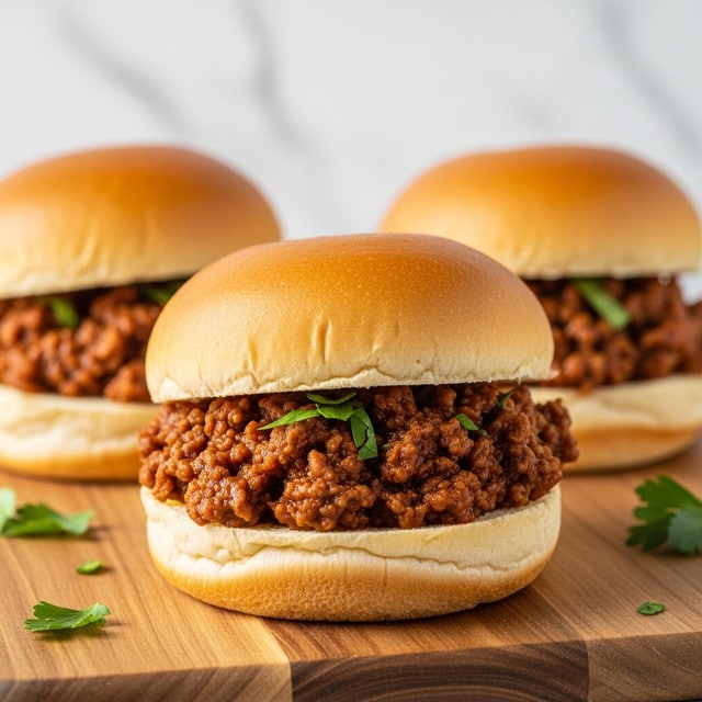 Three small sandwich buns are placed on a round wooden board against a white marbled background. Each bun is golden brown on top and soft white inside, sliced horizontally. The bottom halves hold a thick layer of dark reddish-brown finely chopped minced filling, which looks juicy and spiced. Bright green chopped herbs are sprinkled on top of the filling, adding a fresh touch. The buns are arranged with one close-up in front and two slightly out of focus behind it, creating depth in the image. photo taken with an iphone --ar 4:5 --v 7
