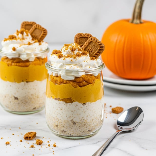 The image shows two clear glass jars filled with a three-layer dessert placed on a white marbled surface. The bottom layer is white and creamy with a textured, lukewarm rice or grain base. Above that is a thick, smooth orange layer of pumpkin or squash puree. The top layer is white whipped cream, crowned with crumbled brown cookie pieces and two small whole cookies standing upright. In the background, there is an orange pumpkin on a white plate. A shiny silver spoon lies on the surface with cookie crumbs scattered around. The photo taken with an iphone --ar 4:5 --v 7