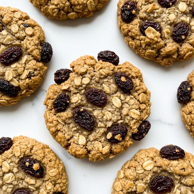 The image shows close-up views of several oatmeal raisin cookies resting on a white marbled surface. Each cookie is round and thick with a rough texture, featuring a golden-brown color mixed with darker brown raisins scattered throughout. The oats create a bumpy, uneven surface that makes the cookies look hearty and chewy. The raisins are embedded unevenly, some slightly sunken, adding dark spots that contrast with the lighter dough. The cookies are arranged closely but not touching, filling the frame with their soft, crumbly appearance. photo taken with an iphone --ar 4:5 --v 7