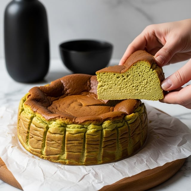 A thick, round, greenish-yellow cheesecake with a smooth but slightly wrinkled surface sits on white parchment paper over a wooden board. The cake has one solid layer with a dense, almost creamy texture inside, while the outer edges are slightly more baked and browned. A woman's hands are lifting a large wedge to show the inner side of the cake, which is moist and spongy with tiny air bubbles, and the top has a golden-brown, slightly uneven crust. The background includes a black vase and a dark bowl, all placed on a white marbled surface. photo taken with an iphone --ar 4:5 --v 7