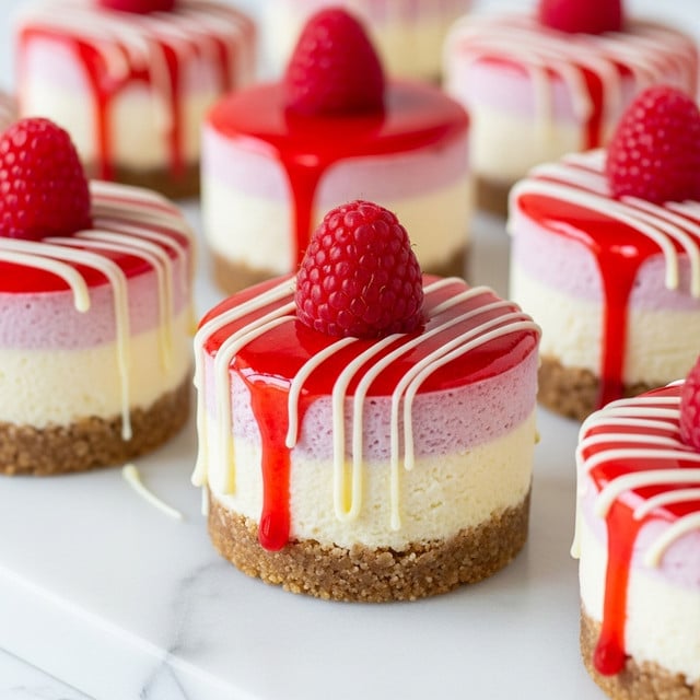 The image shows several small round cheesecakes on a white marbled surface. Each cheesecake has three visible layers: a light brown crumbly base at the bottom, a thick creamy white middle layer, and a bright red glossy strawberry sauce dripping down from the top. On top of each cheesecake, there is a single fresh red raspberry. Thin white chocolate drizzles run vertically down the sides of the cheesecakes, adding a delicate texture. The cheesecakes are arranged close together, with the focus on the front ones and a soft blur on the ones behind. photo taken with an iphone --ar 4:5 --v 7