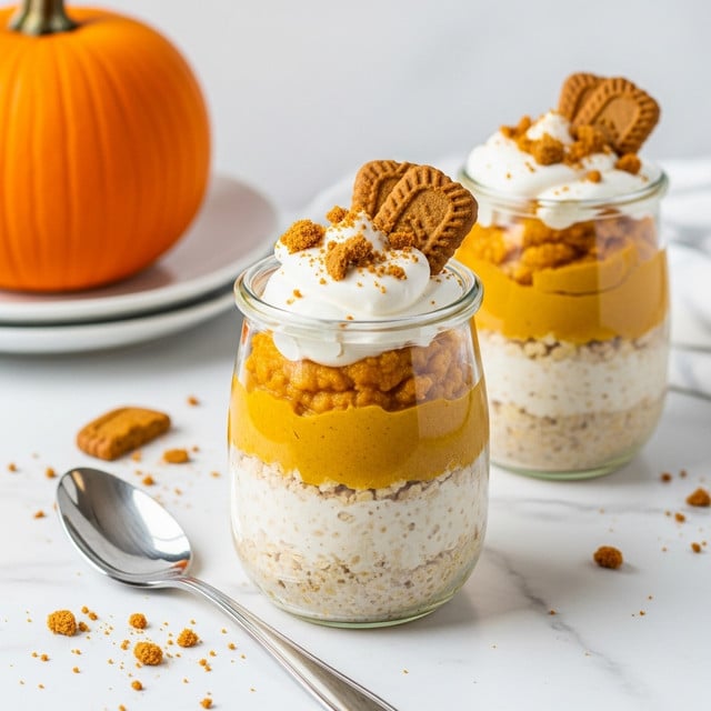 The image shows two small glass jars filled with a three-layer dessert. The bottom layer is white and creamy with a grainy texture, the middle layer is smooth and orange, and the top layer is white and fluffy cream. On top of the cream, there are crumbles and two small brown cookies placed upright. The jars are placed on a white marbled surface with some cookie crumbs scattered around. In the background, there is a small pumpkin on a white plate and a silver spoon lying near the front jar. photo taken with an iphone --ar 4:5 --v 7