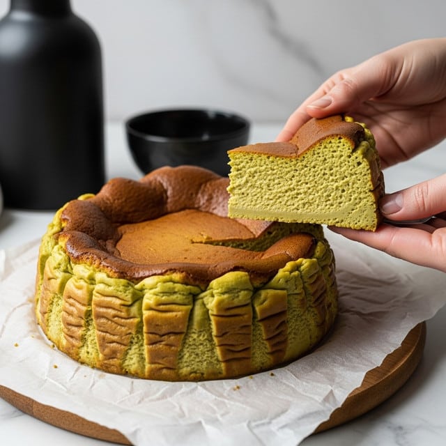 The image shows a thick, round green cake with one large slice being lifted by two woman's hands. The cake has one main layer with a light green, smooth, and creamy texture, topped with a slightly darker brown, baked surface that looks soft and slightly shiny. The sides of the cake appear firm with some wrinkles and cracks. The cake sits on white parchment paper, placed on a wooden board, all set on a white marbled surface, with a blurred background of dark and neutral tones. Photo taken with an iphone --ar 4:5 --v 7