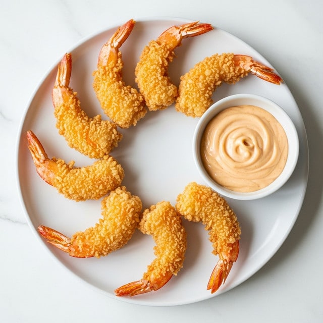 A round white plate holds eight pieces of golden-brown deep-fried shrimp arranged in a slight curve on the left side; each shrimp has a crunchy, bumpy textured batter covering the body while the tail remains uncovered, showing a bright orange-red color. On the right side of the plate, there is a small round white bowl filled with a smooth, creamy light orange dipping sauce with visible specks in it. The plate sits on a surface with a white marbled texture. photo taken with an iphone --ar 4:5 --v 7