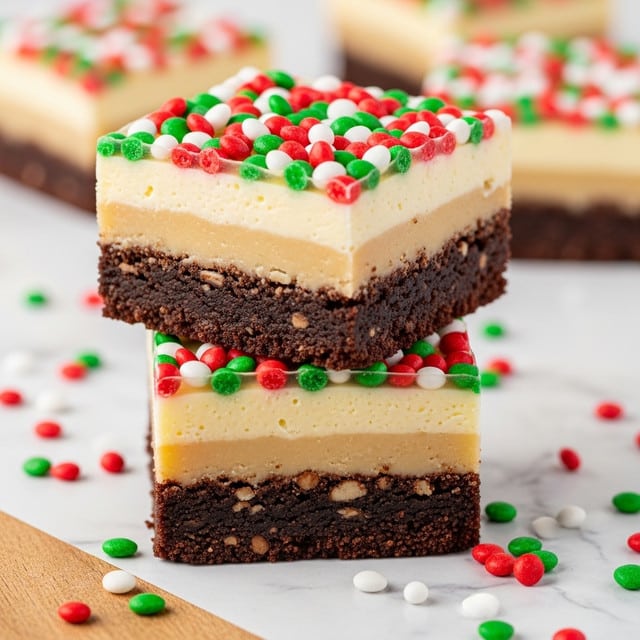 The image shows a close-up of two stacked dessert squares with three clear layers. The bottom layer is a dark, crumbly brownie base. The middle layer is thick and creamy, pale yellow in color. The top layer is thin and translucent with colorful sprinkles and small red, green, and white candy beads scattered all over, giving a festive look. Some of the candy beads are also scattered around the wooden surface beneath the squares, which is replaced with a white marbled texture in the description context. photo taken with an iphone --ar 4:5 --v 7