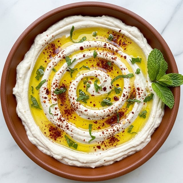 A round brown bowl filled with a thick layer of creamy white dip swirled in a circular shape, with golden olive oil drizzled in ribbons following the swirls. The dip is sprinkled with red chili flakes and small green herb pieces evenly scattered on top. A fresh green mint sprig is placed on the right edge of the bowl. The dish is set on a white marbled surface. photo taken with an iphone --ar 4:5 --v 7