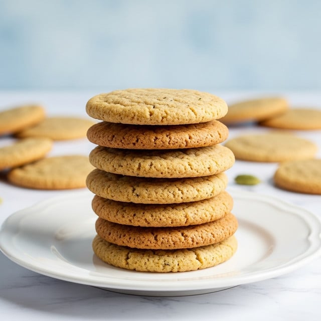 A close-up view of a tall stack of eight round, light brown cookies with a slightly rough texture and small darker specks, all neatly piled on a white scalloped-edged plate. The cookies are evenly thick, with crumbly edges and a matte finish, and the background shows a soft light blue color blurred out with a few more cookies scattered around on a white marbled texture surface. photo taken with an iphone --ar 4:5 --v 7