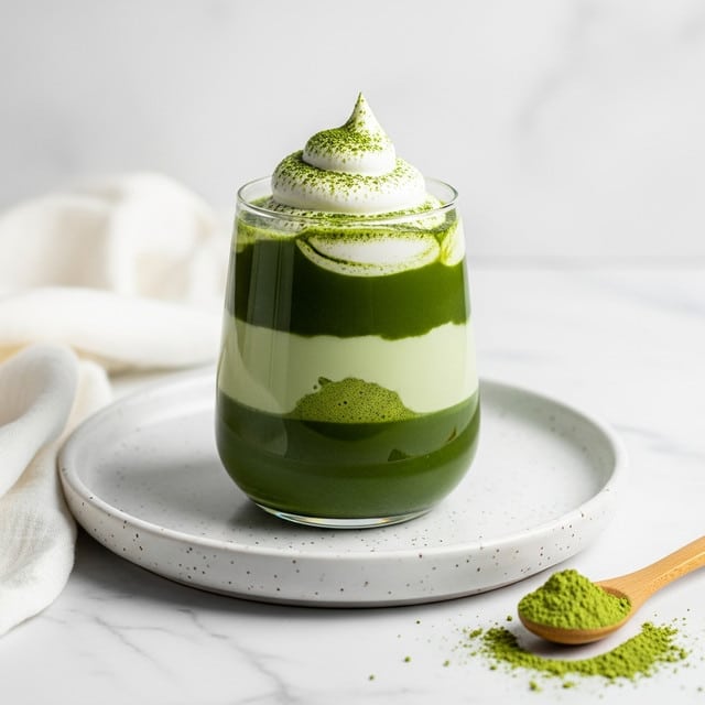 A clear glass holds a layered drink with a smooth, light green matcha base filling most of the glass, topped by a thick layer of white whipped cream sprinkled with fine green matcha powder. The glass sits on a white speckled ceramic dish, placed on a white marbled surface. To the right of the dish lies a small wooden spoon with some green matcha powder scattered nearby, while a white cloth is casually draped in the background. The photo taken with an iphone --ar 4:5 --v 7