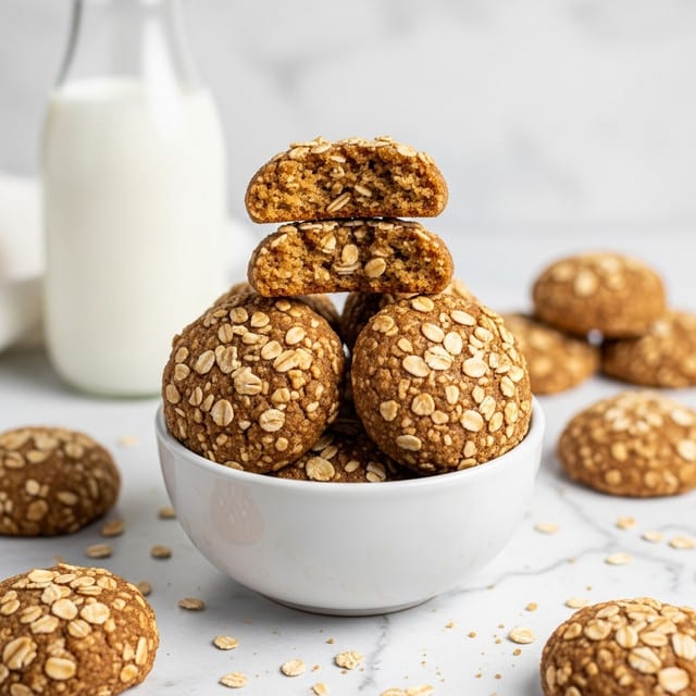 A small white bowl holds five round cookies with a rough, crumbly texture, topped with small bits of oats. One cookie is placed on top, broken in half to show a soft, chewy inside with a golden brown color. Around the bowl, more cookies are scattered on a white marbled surface with crumbs spread loosely. In the blurred background, there is a white bottle filled with milk. photo taken with an iphone --ar 4:5 --v 7