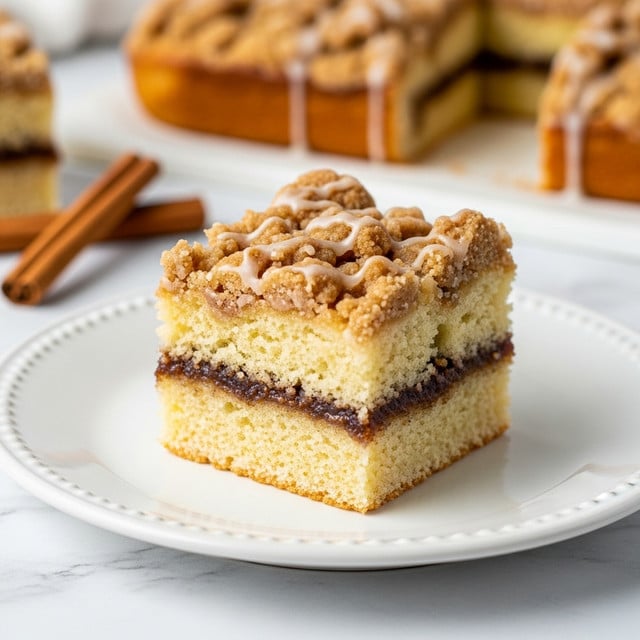 A square piece of crumb cake is placed on a white, slightly textured plate with a wavy edge, sitting on a white marbled surface. The cake has three distinct layers: the bottom and middle layers are light golden sponge cake, soft and fluffy in texture, while the middle layer is a thin, dark brown cinnamon sugar filling. On top, there is a thick golden-brown crumb topping with a crumbly texture, drizzled with a light beige glaze that adds shine and contrast. The background shows blurred parts of the whole cake and cinnamon sticks, emphasizing the close-up of the single cake piece. photo taken with an iphone --ar 4:5 --v 7