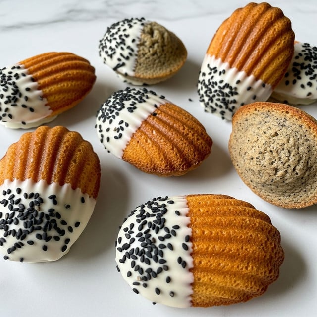 The image shows several madeleine cookies placed on a white marbled surface. Each cookie has a distinct shell-like shape with ridges on the top surface. The cookies feature two different colors: some are golden brown, and others are a speckled greyish-brown. About half of each cookie is dipped in white chocolate, which covers one end and is sprinkled with small black sesame seeds. The cookies are arranged casually, with some laying flat and others standing on their side, showing off the smooth and slightly puffy texture on the underside. photo taken with an iphone --ar 4:5 --v 7