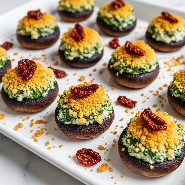 The image shows a white baking tray filled with multiple stuffed portobello mushroom caps, each with three visible layers. The bottom layer is the dark brown mushroom cap, the middle layer is a creamy green mix of spinach and cheese, and the top layer is golden brown crumbs with pieces of dried reddish sun-dried tomatoes scattered on top. Some crumbs are also spread around the mushrooms on the tray. The tray sits on a white marbled texture. photo taken with an iphone --ar 4:5 --v 7