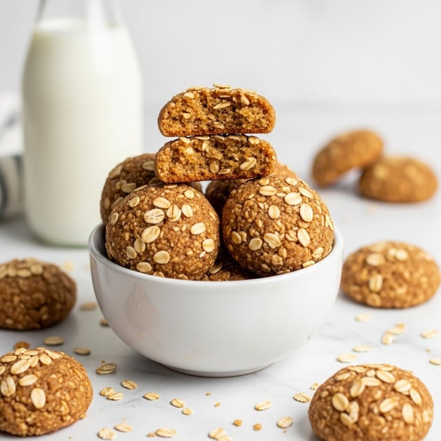A white bowl filled with five round cookies covered with small white flakes, with one cookie on top showing a bite taken out of it, revealing a soft and crumbly light brown inside. The bowl sits on a white marbled surface scattered with cookie crumbs, and blurred cookies are placed around it. A blurry glass bottle filled with milk is in the background. photo taken with an iphone --ar 4:5 --v 7