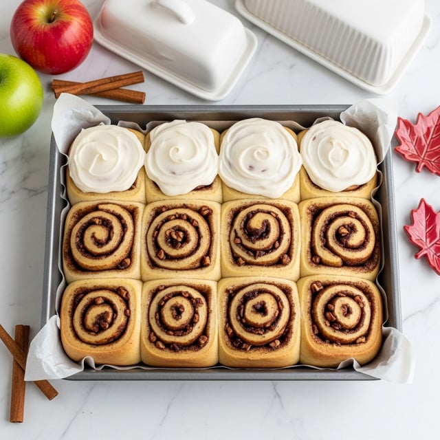 A metal baking pan lined with light brown parchment paper holds twelve cinnamon rolls arranged in three rows of four. Nine of the rolls are topped with creamy white icing spread thickly, showing smooth swirls of iced dough in soft golden brown color. The other three rolls, placed centered and bottom left, are darker brown, with visible bits of nuts and cinnamon sugar peeking through, giving a textured and spiced look without icing. The pan rests on a white marbled surface, surrounded by one green apple and one red apple on the top left, a white butter dish with a cover, and two cinnamon sticks scattered nearby. To the right, there are small red and dark brown leaf-shaped dishes and a light brown fabric cloth partially visible. In the lower left corner, a white plate with a patterned edge holds a knife with a yellow handle and a bit of icing. Photo taken with an iphone --ar 4:5 --v 7
