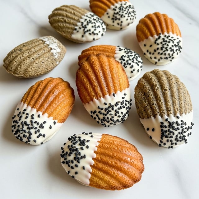 The image shows several madeleines arranged on a white marbled surface. Each madeleine has a shell-like shape with a textured ridged surface. They are mostly a warm brown color, with a few madeleines in a darker grayish-brown shade, showing some speckles. Half of the madeleines are dipped diagonally in white icing, which adds a smooth, glossy layer contrasting with the rough texture of the cake. On the icing, small black sesame seeds are sprinkled, providing a pop of dark color and a slightly rough texture. The madeleines are scattered randomly, some sitting flat while others rest on their sides. photo taken with an iphone --ar 4:5 --v 7