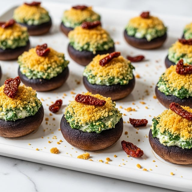 The image shows several stuffed portobello mushrooms arranged in a white baking dish with a blue rim, placed on a white marbled surface. Each mushroom cap acts as the base layer, dark brown and slightly glossy. On top is a creamy mixture of chopped spinach and cheese, creating a green and white middle layer with a soft texture. Scattered on this are pieces of dried tomatoes that add a reddish hue. The final top layer is a golden brown, crispy breadcrumb crust that covers the filling unevenly, with some breadcrumbs fallen around the mushrooms in the dish. Photo taken with an iphone --ar 4:5 --v 7