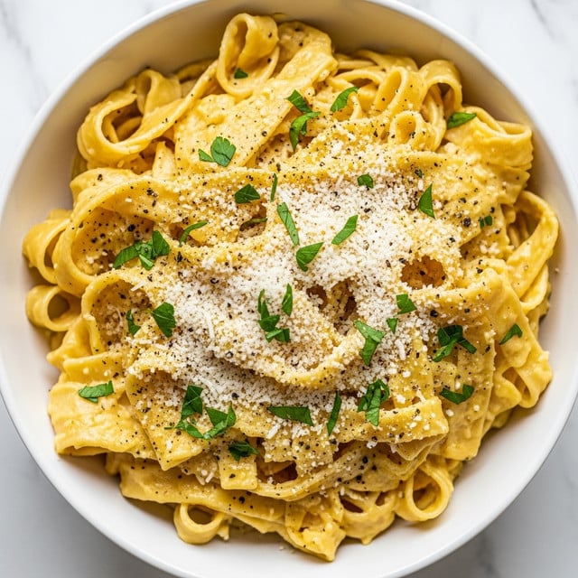 A close-up view of creamy pasta in a white bowl, showing thick, flat noodles covered in a rich yellow sauce with a slightly browned, crispy top layer. The dish is sprinkled with finely grated white cheese and small green herb pieces scattered evenly. The pasta twists and folds, creating layers with visible texture and a smooth, creamy coating. The background features a white marbled surface. Photo taken with an iphone --ar 4:5 --v 7