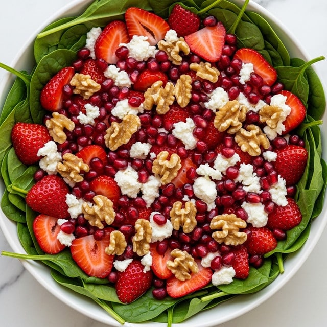 A white bowl filled with fresh green spinach leaves as the base layer, topped with bright red halved strawberries and scattered deep red pomegranate seeds. Small chunks of light brown walnuts and white crumbles of cheese are spread evenly on top. The textures show the smooth leaves, juicy strawberries, and crunchy walnuts, all resting on a white marbled surface. photo taken with an iphone --ar 4:5 --v 7