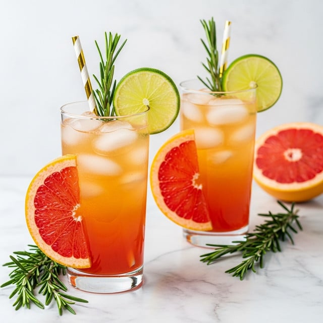 Two tall clear glasses filled with a three-layered iced drink sit on a white marbled surface. The bottom layer is a deep orange-red slice of grapefruit, resting against the glass. The middle layer is a light orange liquid, slightly translucent, and the top layer is made of clear ice cubes. Each glass is garnished with a bright green lime wheel and a small bunch of rosemary sprigs on the rim. There is a white and gold striped straw in each glass. Near the front glass, sprigs of rosemary lie on the surface, and a halved grapefruit with a reddish-pink inside is in the background. The scene is set on a white marbled textured surface. photo taken with an iphone --ar 4:5 --v 7