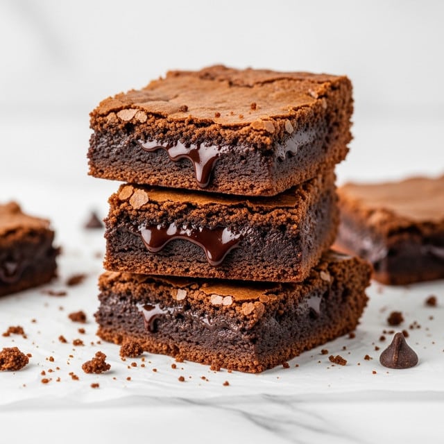 Three square brownies stacked on top of each other on white parchment paper with a white marbled texture surface. Each brownie has two visible layers: a thin, flaky brown crust on top with cracks and a deep dark brown, moist fudgy inside with shiny, melted chocolate pools. Crumbs are scattered around the brownies, and a single chocolate chip lies nearby. photo taken with an iphone --ar 4:5 --v 7