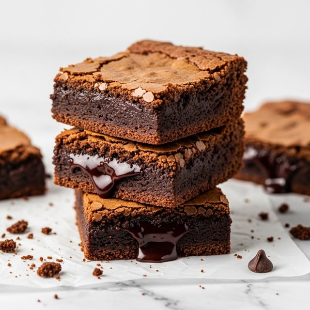 A close-up view of three stacked chocolate brownies, each showing a rich, dark brown, moist and dense texture with a shiny, gooey melted chocolate layer inside. The top layer of the brownies has a cracked, dry, and slightly lighter brown crust, contrasting with the glossy, soft chocolate filling in the middle. The brownies sit on a white marbled surface with scattered crumbs and a small chocolate chip nearby, emphasizing their fudgy, thick layers. Photo taken with an iphone --ar 4:5 --v 7